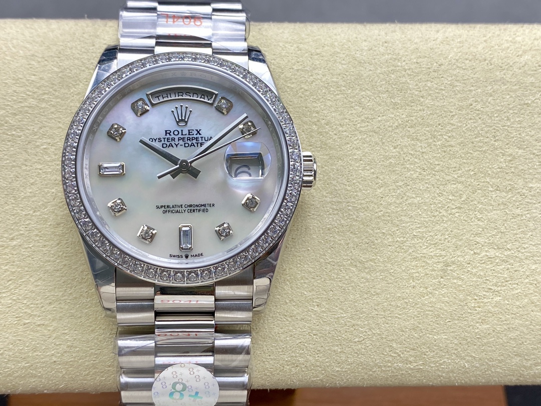 Rolex Day Date 36 Mother of Pearl Dial Diamond Bezel Platinum President m128396tbr 0005